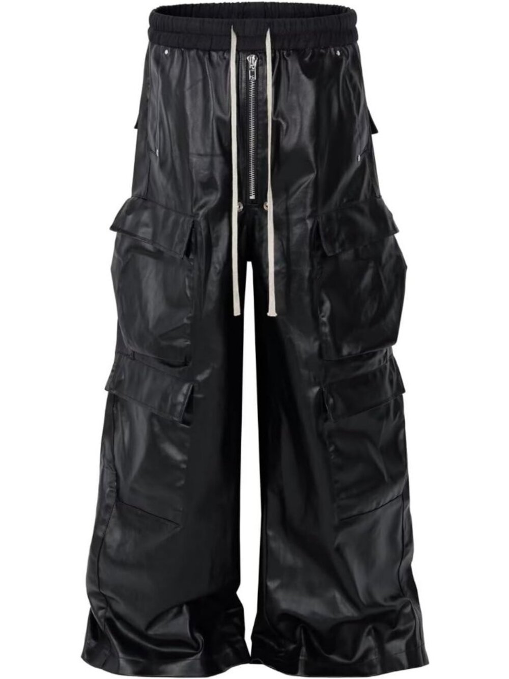 Mens Wide Leg Matte Pu Leather Pants Straight Casual Baggy Pockets Drawstring